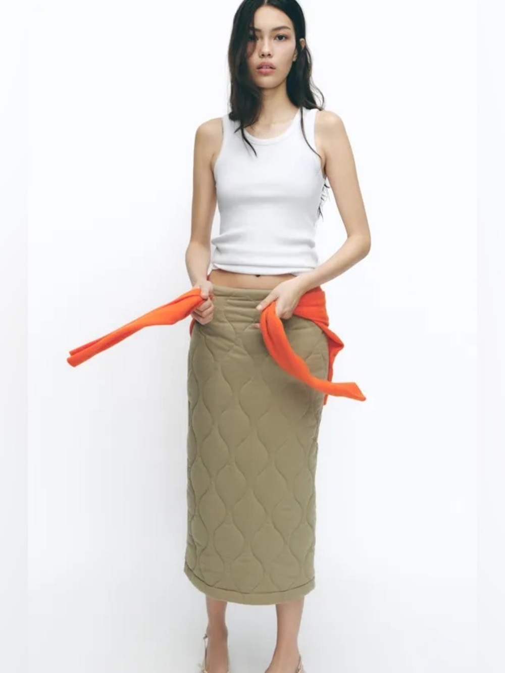 NWT Zara Quilted Mid Rise Dusty Khaki Midi Skirt Sz S